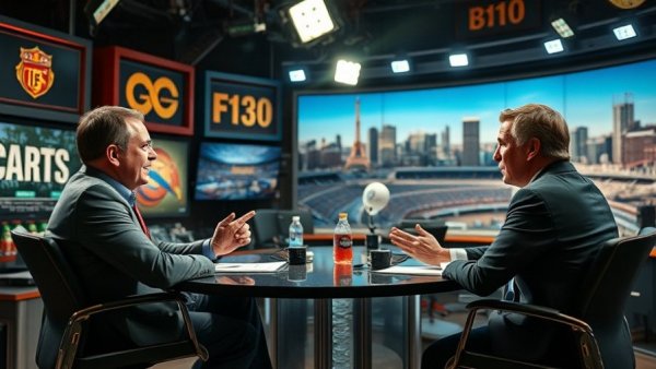 Live sports studio with two analysts discussing Super Bowl LX Seahawks vs Patriots.