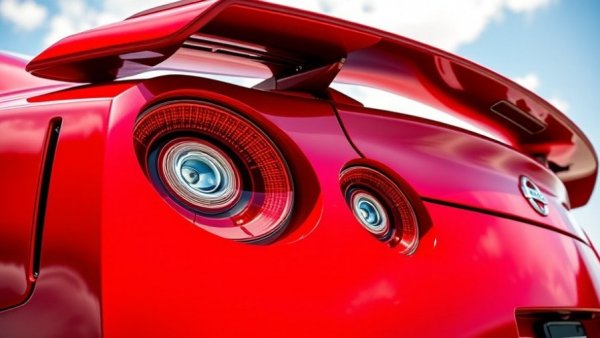 Close-up of red Nissan GT-R rear with taillight and spoiler in daylight.
