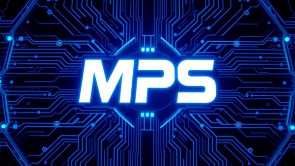 Futuristic MPS logo on a digital circuit background, promising automotive stocks.