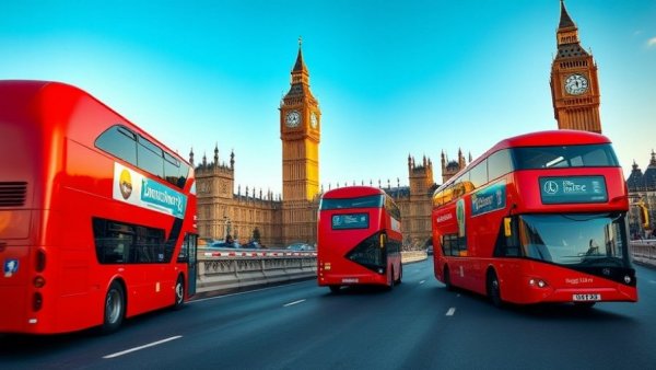AI automotive technology UK: Red double-decker buses near Big Ben at sunset.