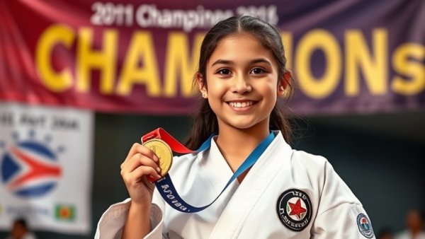 Young woman celebrates Belarusian karate title win, championship backdrop