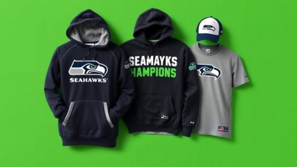 Seattle Seahawks championship gear featuring hoodies, shirt, and cap.