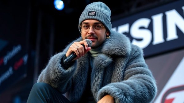 Watch Bad Bunny Super Bowl halftime show free - stylish performer on stage.