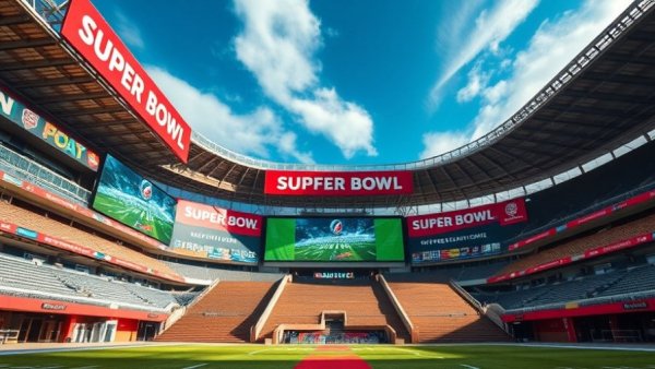 Super Bowl stadium with colorful banners, learn how to watch the Super Bowl for free.