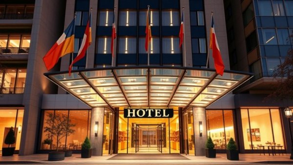 Modern hotel facade with glass canopy and flags, professional rental administration