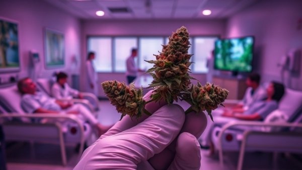 Cannabis buds held by gloved hand in hospital setting