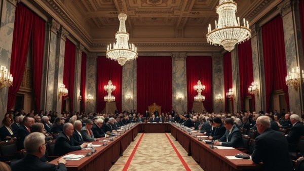 Formal assembly discussing AI governance regulation in a grand hall.