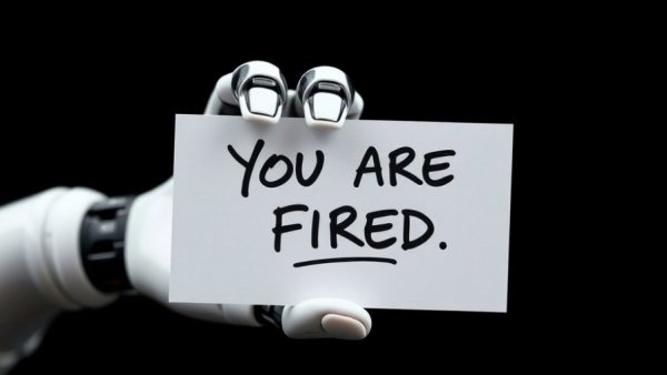Robotic hand with 'YOU ARE FIRED' card representing AI washing and layoffs.
