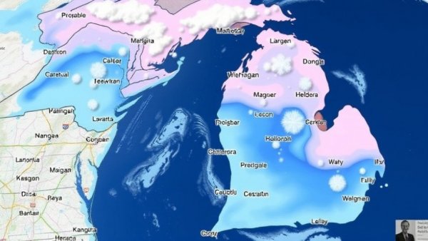 Weather map of Michigan showing snow and rain patterns; Michigan weather travel insights.