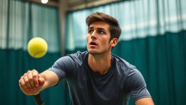 Tennis player prepares to serve on indoor court, highlighting Davis Cup Syria history efforts.