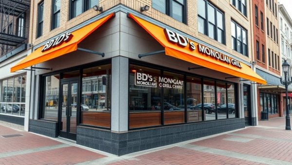 BD's Mongolian Grill closure scene, restaurant exterior with orange awning.