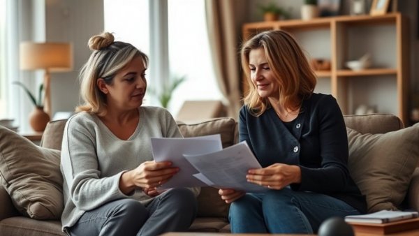 Two women discussing unlicensed contractor problems in living room.
