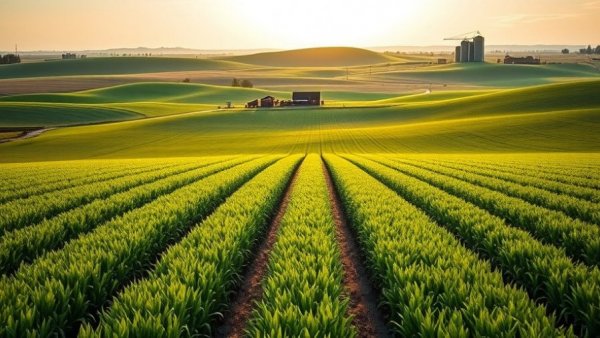 Michigan agriculture landscape with fields and farmhouse at sunrise.