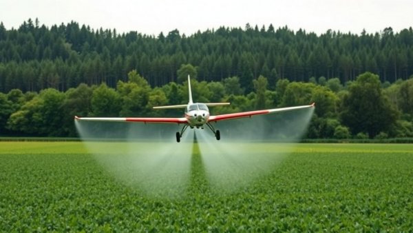 Agricultural plane spraying over field, highlighting Michigan health risks unregistered pesticides.