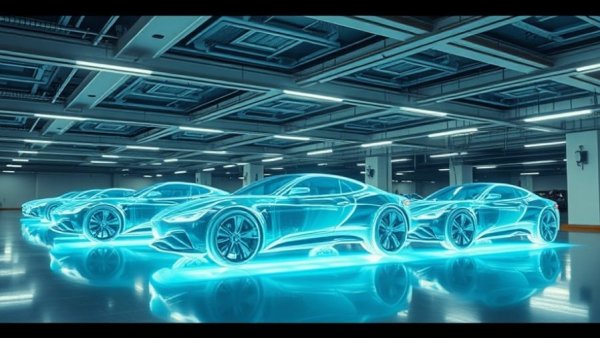 Futuristic cars showcasing automotive trends 2026 in a modern parking garage.