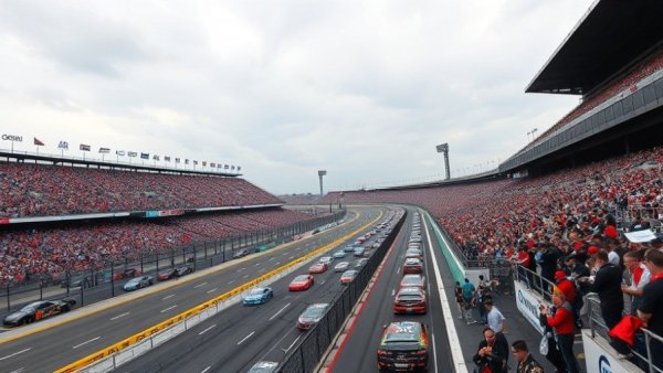 Overcast Daytona 500 race with packed stands and vibrant cars.