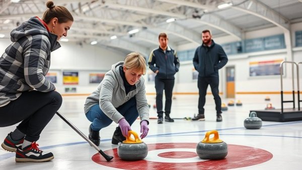 Curling lesson in Cedar Rapids ice rink, focused learning.