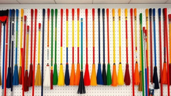 Colorful curling brooms displayed at Cincinnati Curling Club