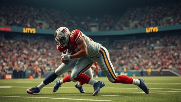Football tackle during game, intense action, vivid stadium setting.