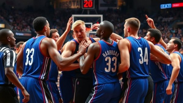 Basketball altercation between Pistons and Hornets players with intense expressions and referee intervention.