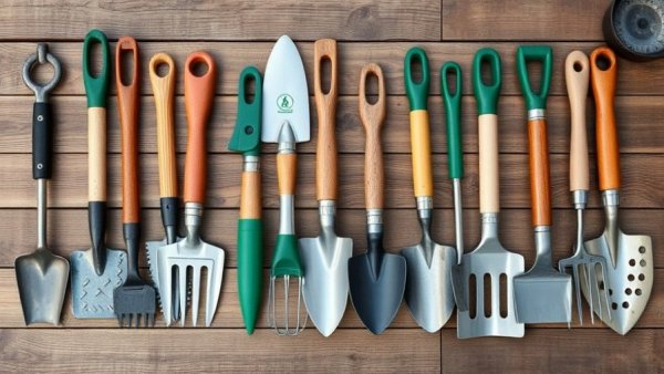 Assorted garden tools neatly arranged on wood surface, garden tool maintenance tips.