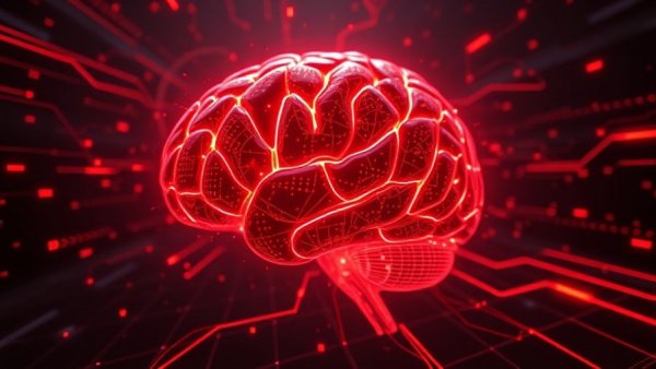 Digital brain visualization with swirling lights - AI reads brain MRIs in seconds.