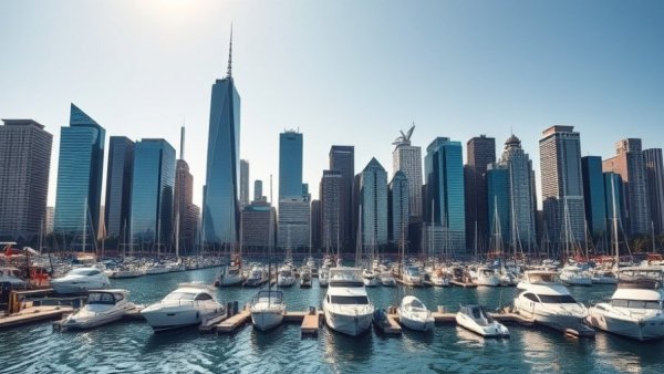 Vibrant city skyline with waterfront, highlighting real estate in Michigan.