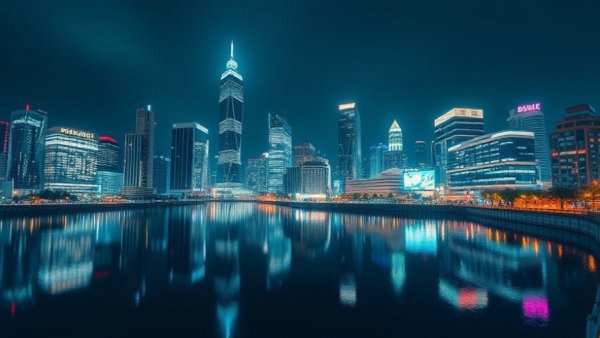 Neopolis real estate: Illuminated skyscrapers by river at night