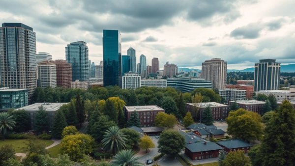 Aerial view of Bellevue cityscape with skyscrapers and lush greenery.