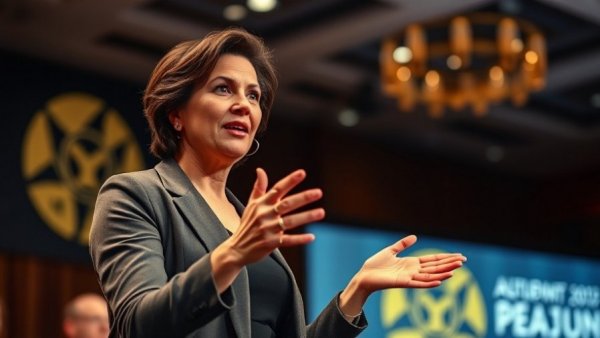 Confident woman speaking on Michigan voter privacy ruling at a conference.