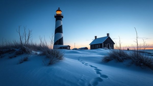 Big Sable Point Lighthouse in winter with snowy dunes and twilight sky.