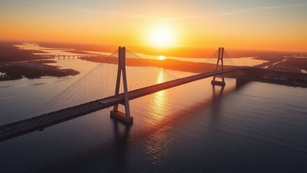 Gordie Howe International Bridge at sunset with scenic views.