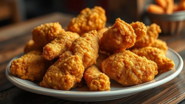 Crispy golden fried chicken on a plate highlighting Kuzzo's Chicken and Waffles closes.