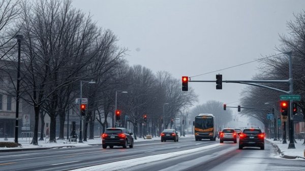 Winter city street with traffic lights and snowfall in Michigan.