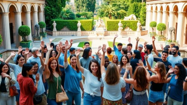 Diverse group celebration in an elegant courtyard, Sustainable Wedding Alliance event.
