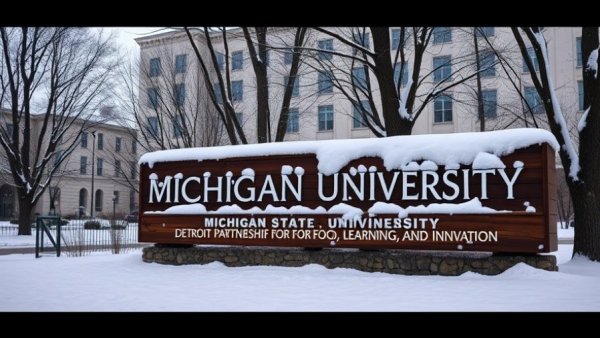 Michigan agriculture industry sign at MSU on snowy day, enhancing food learning.