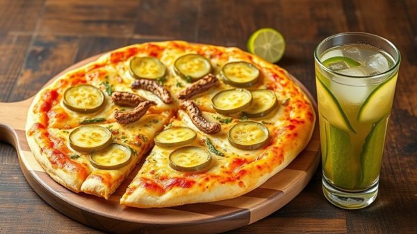 Pickle Palooza Food and Drink Fest collage with pizza, pickles, and drink.