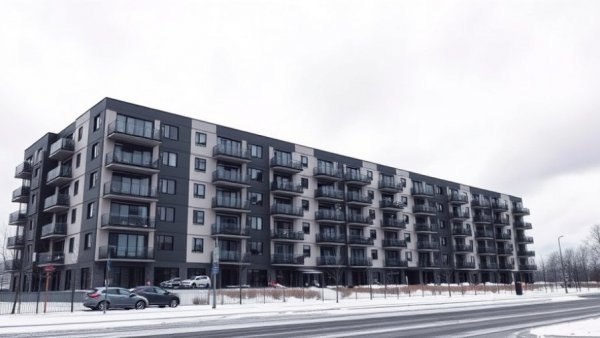 Exterior of Concierge Apartments during investigation; snow on ground.