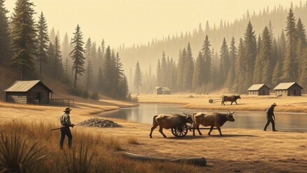 19th-century Michigan agriculture scene by the river.