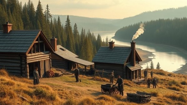 Historical depiction of Michigan agriculture history with settlers farming near a river.