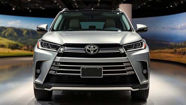 Sleek Toyota Highlander EV displayed indoors in an exhibition hall.
