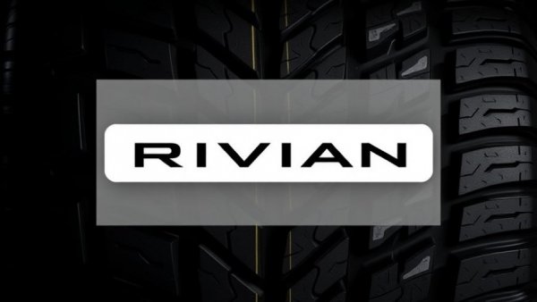 Rivian logo against tire treads symbolizes stock performance
