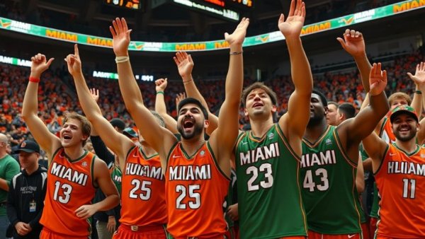 Miami Hurricanes players celebrate victory over North Carolina on the court.