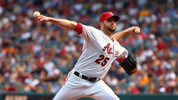 Baseball pitcher mid-throw at nighttime game, vibrant stadium lights.