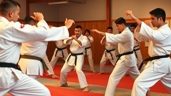 Martial arts class in Gurnee practicing moves together in a dojo.