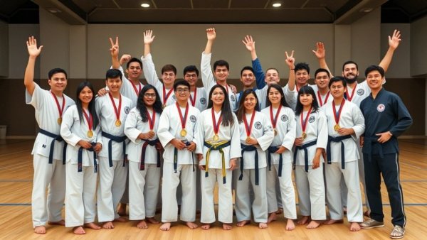 Karate students and instructors celebrate achievements at a Gurnee event.