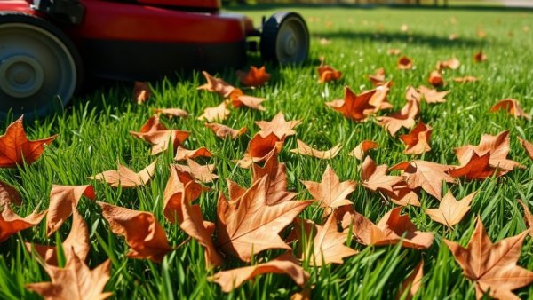 Autumn leaves on grass with a lawnmower, lawn care Shelby MI.