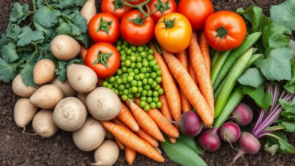 Colorful February crops to grow like potatoes, tomatoes, carrots, and peas on soil.