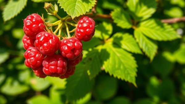 Ripe red raspberries on a bush with green leaves, ideal for planting.