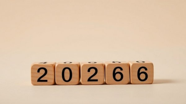 Wooden blocks showing the year 2026, concept for AI impact on commercial real estate.